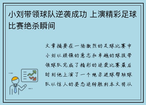 小刘带领球队逆袭成功 上演精彩足球比赛绝杀瞬间