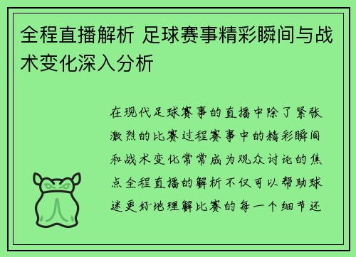 全程直播解析 足球赛事精彩瞬间与战术变化深入分析