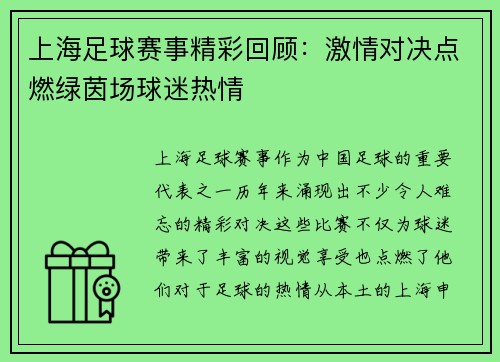 上海足球赛事精彩回顾:激情对决点燃绿茵场球迷热情