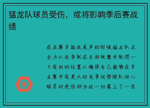 猛龙队球员受伤，或将影响季后赛战绩