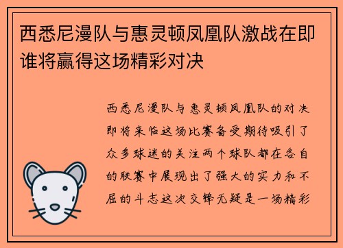 西悉尼漫队与惠灵顿凤凰队激战在即谁将赢得这场精彩对决