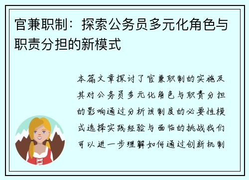 官兼职制:探索公务员多元化角色与职责分担的新模式