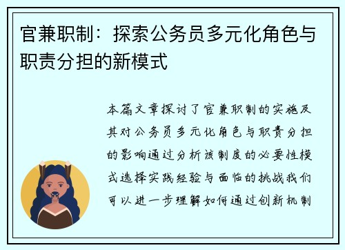 官兼职制：探索公务员多元化角色与职责分担的新模式