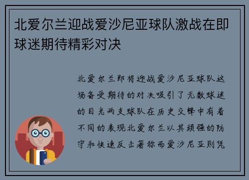 北爱尔兰迎战爱沙尼亚球队激战在即球迷期待精彩对决