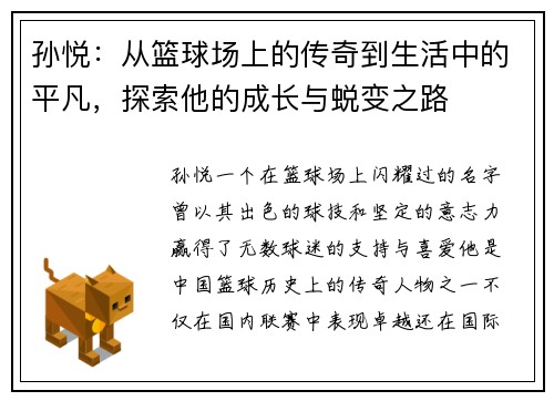 孙悦：从篮球场上的传奇到生活中的平凡，探索他的成长与蜕变之路