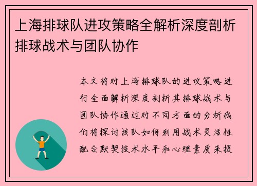 上海排球队进攻策略全解析深度剖析排球战术与团队协作