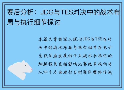 赛后分析：JDG与TES对决中的战术布局与执行细节探讨