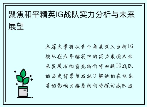 聚焦和平精英IG战队实力分析与未来展望