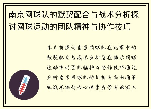 南京网球队的默契配合与战术分析探讨网球运动的团队精神与协作技巧